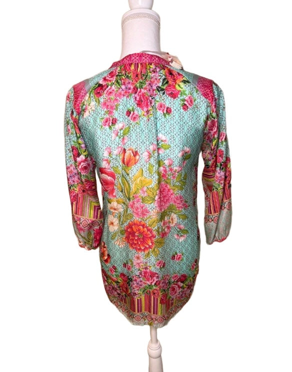 New Johnny Was Patchwork Silk Blouse , Women’s XXS (fits like small)