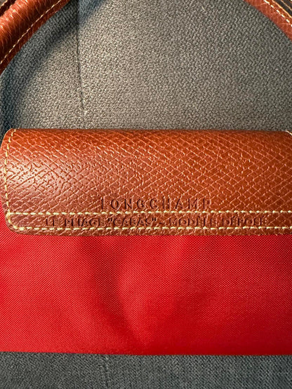Longchamp Le Pliage Red Nylon and Brown Leather Handbag