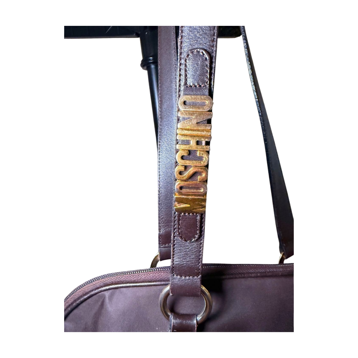 Vintage 90s Moschino by Redwall Shoulder Bag, Brown Nylon & Leather Trim