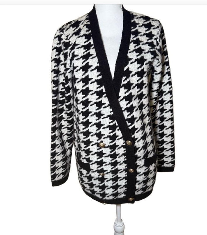 New L'AGENCE Womens Cardigan Black White Houndstooth, Large