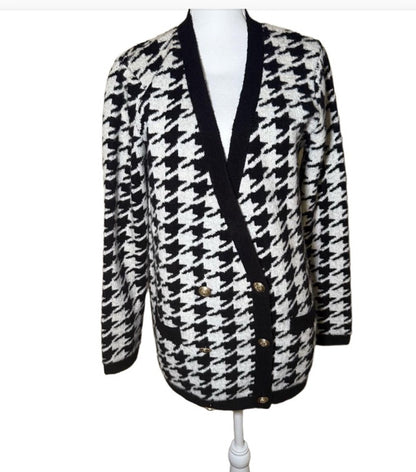 New L'AGENCE Womens Cardigan Black White Houndstooth, Large