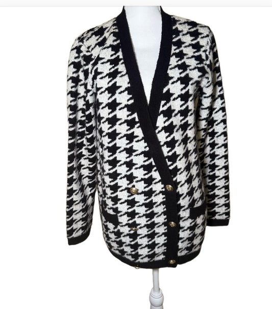 New L'AGENCE Womens Cardigan Black White Houndstooth, Large
