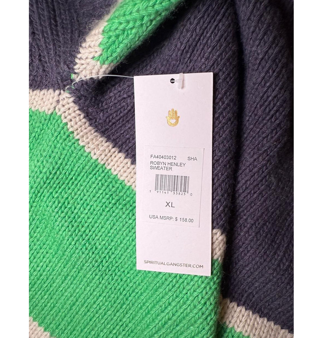 New Spiritual Gangster Navy Green Striped Collared V-Neck Cropped Sweater, Size XL 