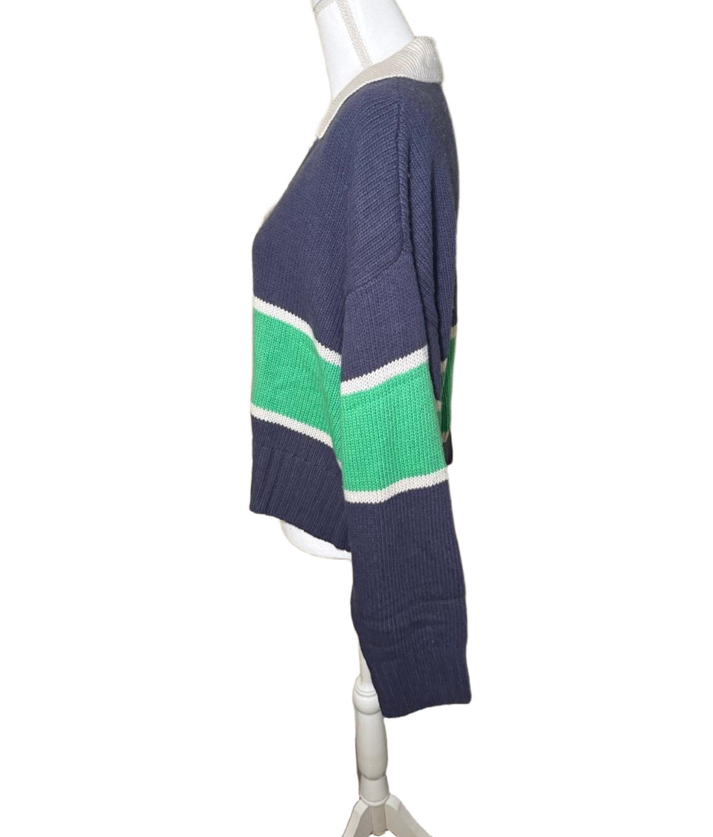 New Spiritual Gangster Navy Green Striped Collared V-Neck Cropped Sweater, Size XL 