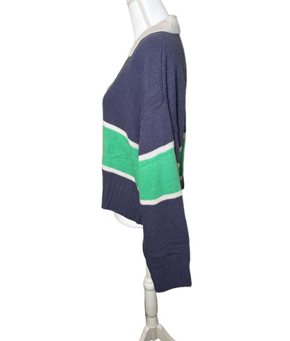 New Spiritual Gangster Navy Green Striped Collared V-Neck Cropped Sweater, Size XL 