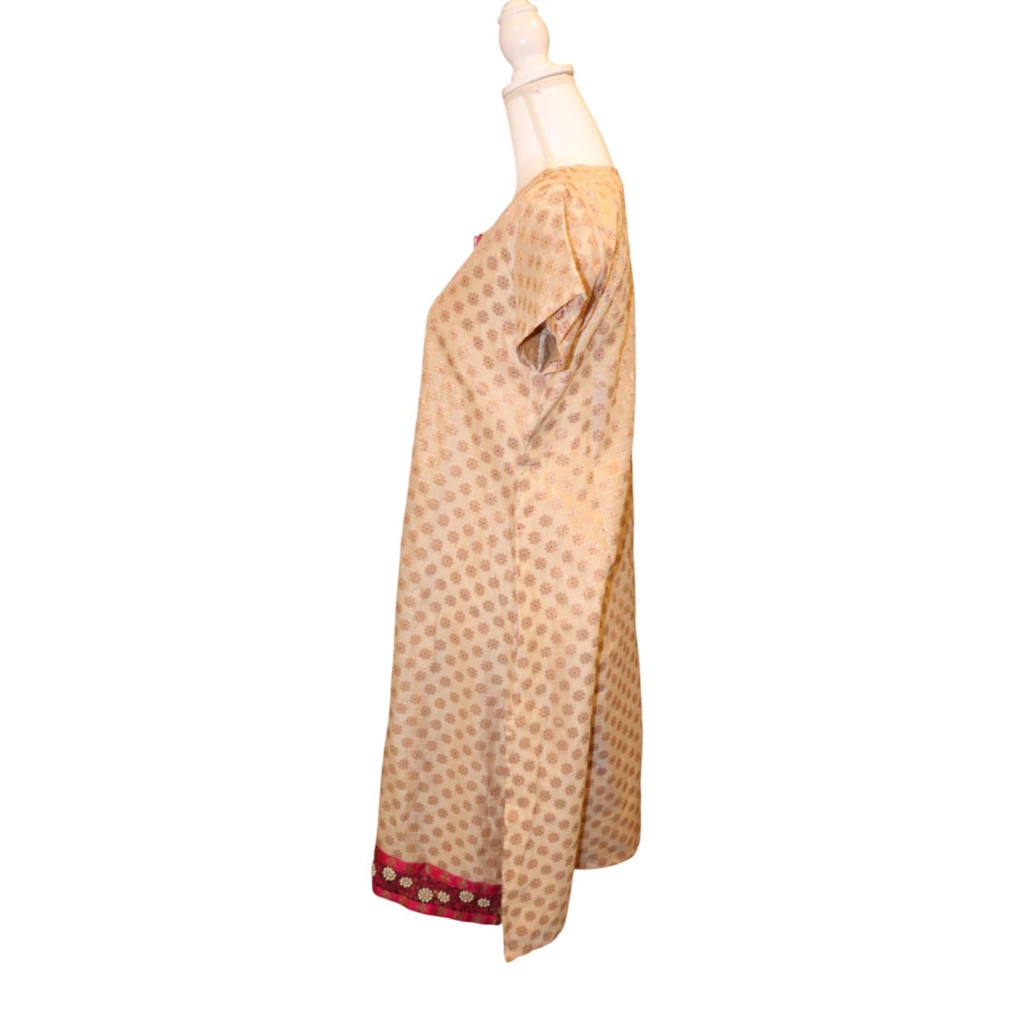 Nazila Couture Beige & Pink Silk Brocade Tunic Dress Medium Short Sleeve
