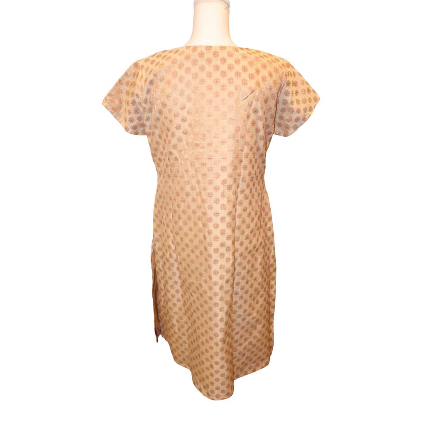 Nazila Couture Beige & Pink Silk Brocade Tunic Dress Medium Short Sleeve