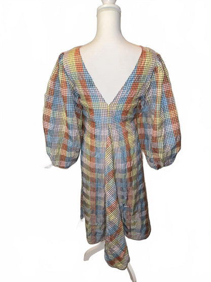New Ganni Checkered Seersucker Puff-Sleeve Dress