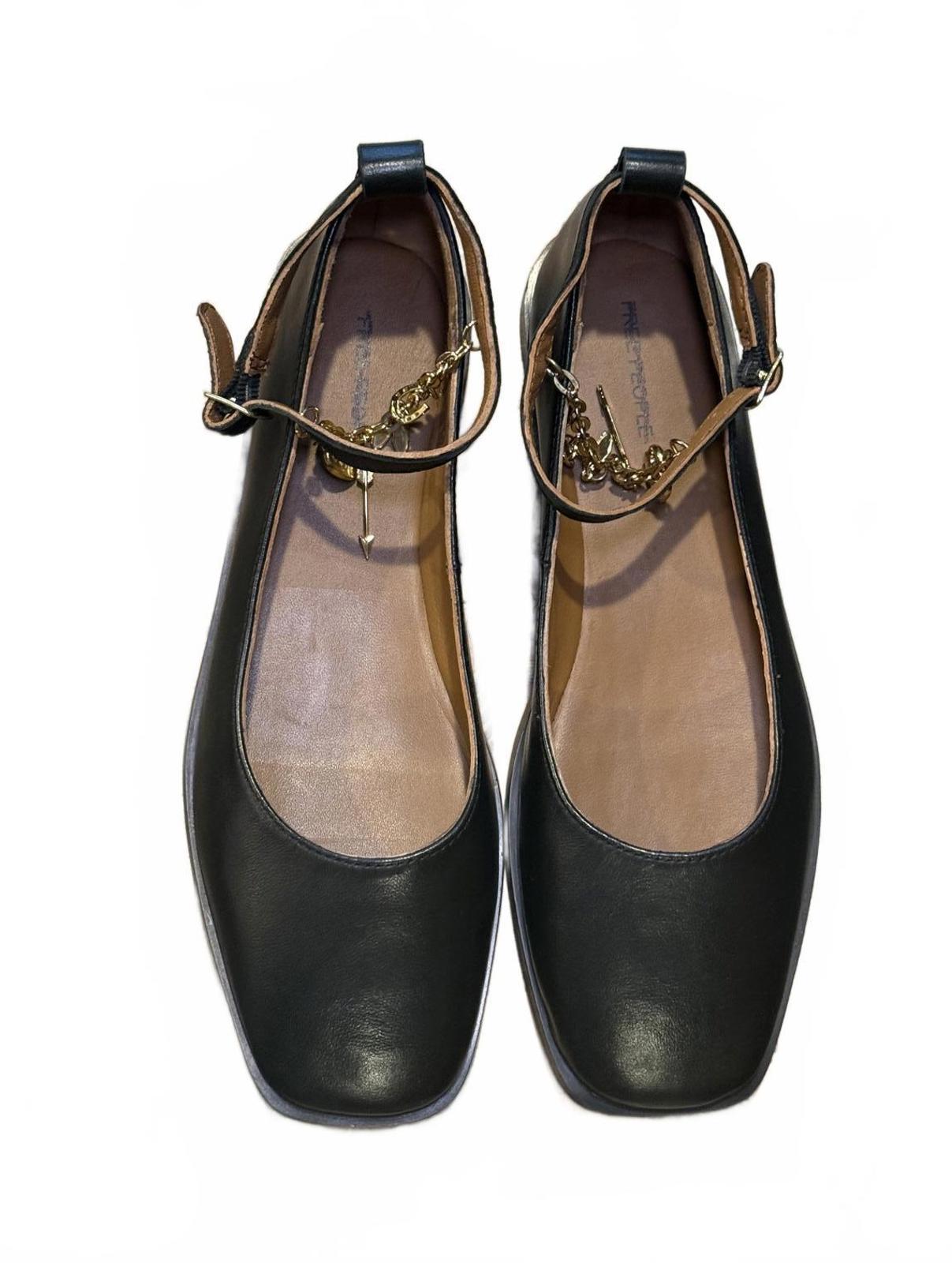 Free People New Mystic Treasures Black Leather Ankle Strap Flats, Size 7