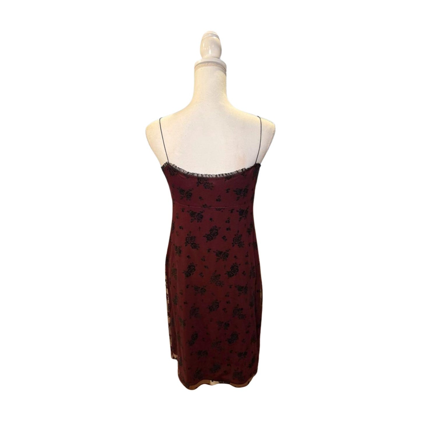 Y2k Burgundy Floral Mini Slip Dress with Spaghetti Straps, Small