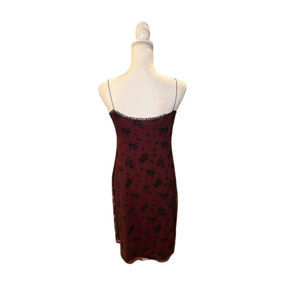 Y2k Burgundy Floral Mini Slip Dress with Spaghetti Straps, Small