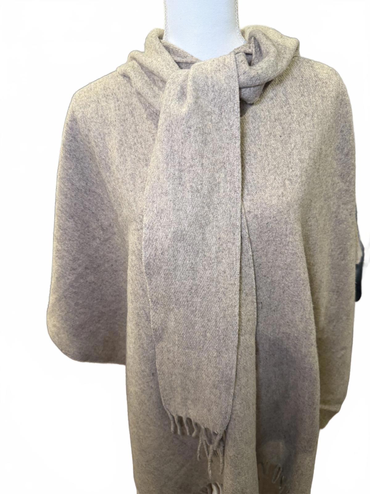 Neutral Beige Women's Wool Cape with Integrated Tie/Scarf, OS NWOT
