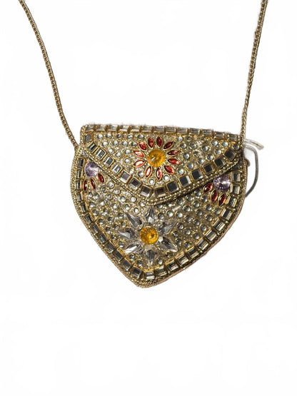 Bejeweled Gold Tone Metal Mini Purse with Floral Design