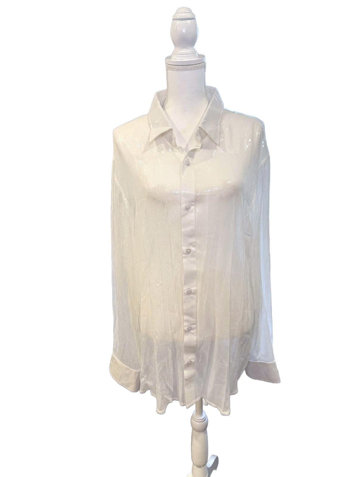 Nazila Couture White Sequin Long Sleeve Button-Up Shirt, Size 42