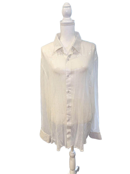 Nazila Couture White Sequin Long Sleeve Button-Up Shirt, Size 42