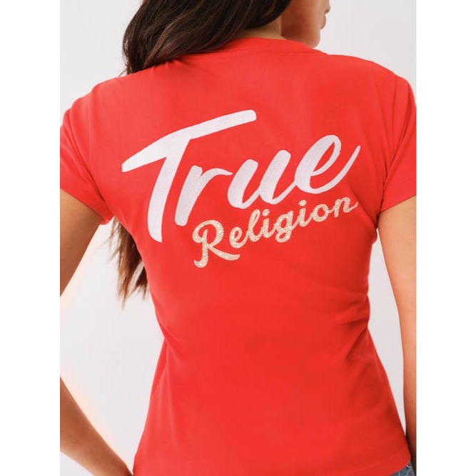 True Religion Women's Crystal Embroidered V-Neck Tee Firey Red, Small  NWT