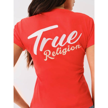 True Religion Women's Crystal Embroidered V-Neck Tee Firey Red, Small  NWT