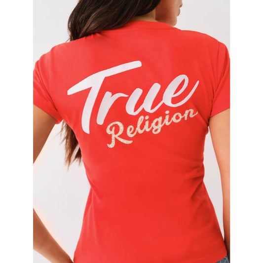 True Religion Women's Crystal Embroidered V-Neck Tee Firey Red, Small  NWT