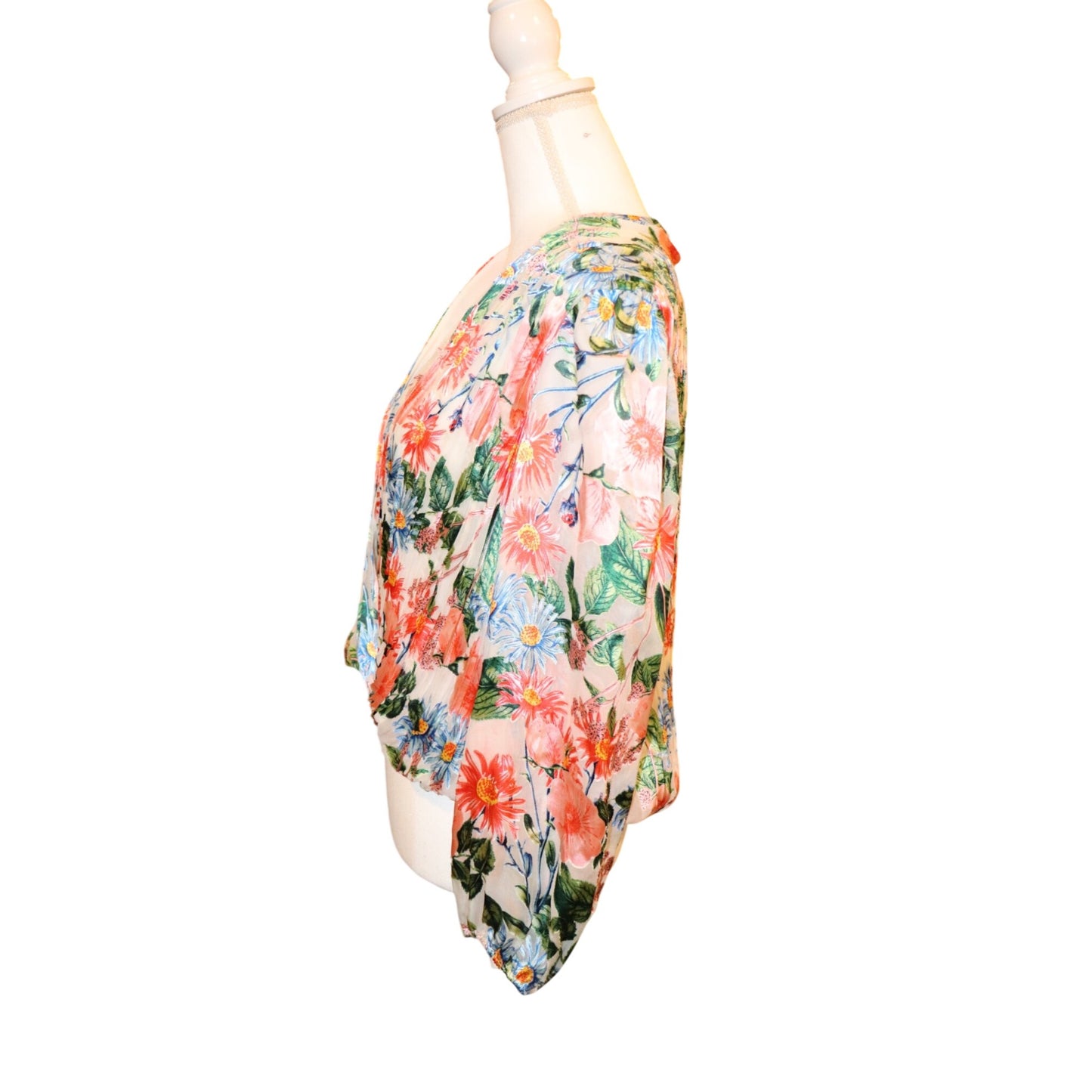 Alice + Olivia Floral Fields Blouse L Sheer Viscose/Silk Long Sleeve Wrap Design MSRP $295