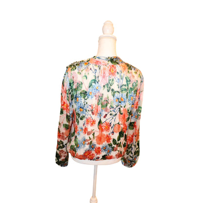 Alice + Olivia Floral Fields Blouse L Sheer Viscose/Silk Long Sleeve Wrap Design MSRP $295