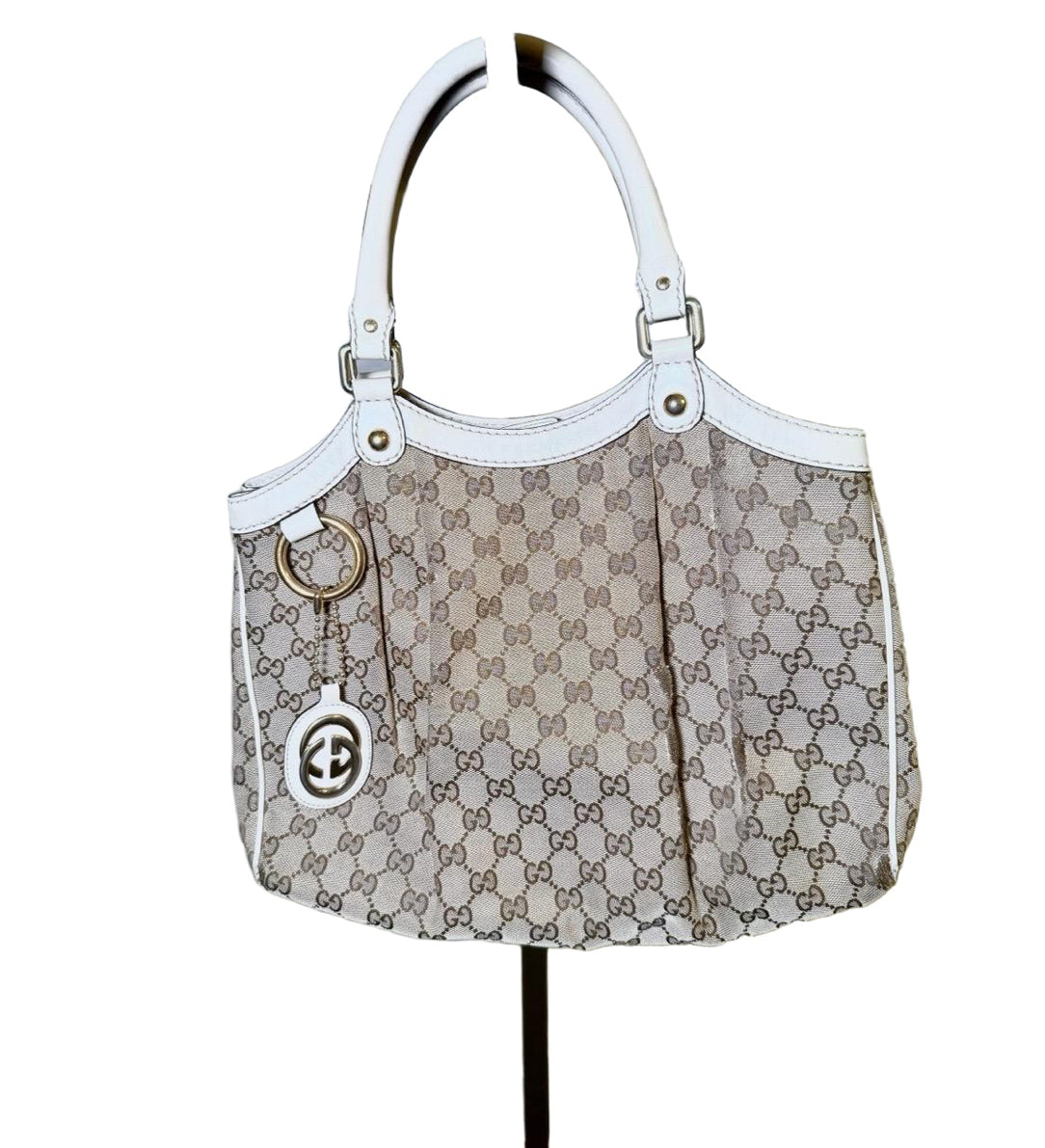 Gucci Shoulder Bag Womens Beige White Abbey Pleated GG Monogram