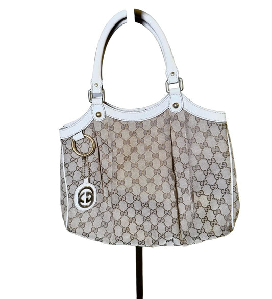 Gucci Shoulder Bag Womens Beige White Abbey Pleated GG Monogram