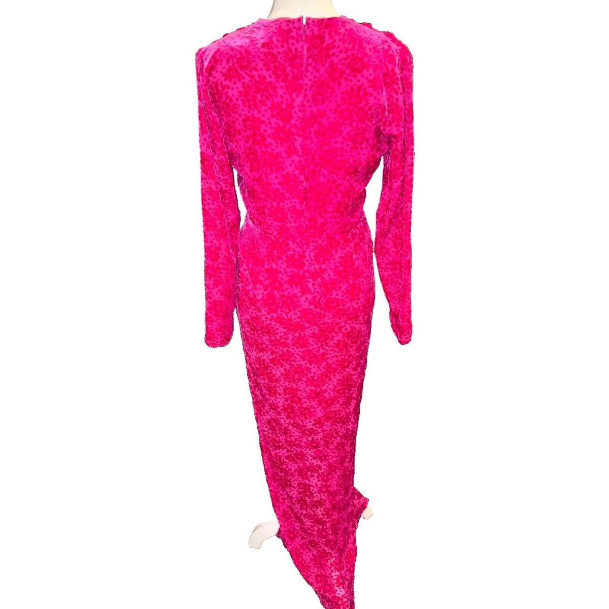 Back of the fuchsia Veronica Beard Ruthie dress, showing floral velvet texture and center-back zipper.
