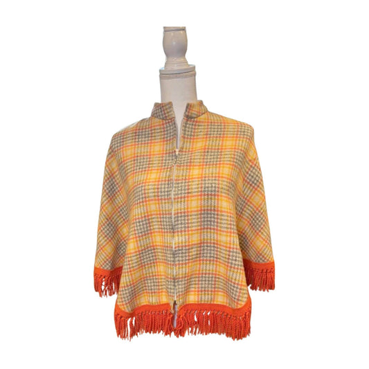 Vintage Women's Plaid Fringe Zip-Up Cape, Small