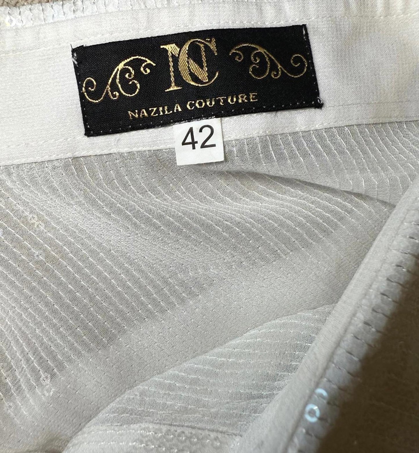 Nazila Couture White Sequin Long Sleeve Button-Up Shirt, Size 42