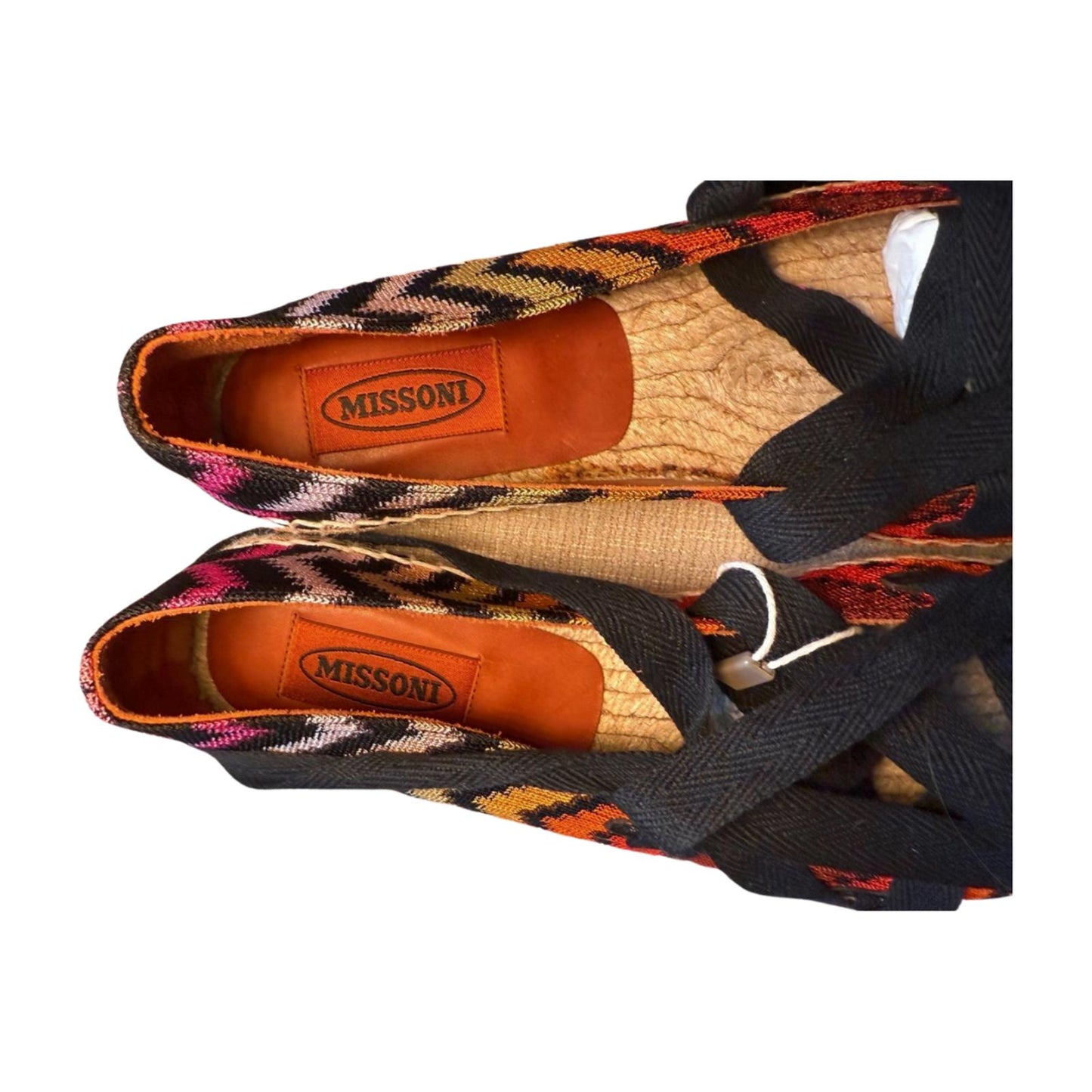 Missoni New Multicolor Zigzag Patterned Espadrilles with Black Ribbon Tie, size 39/9