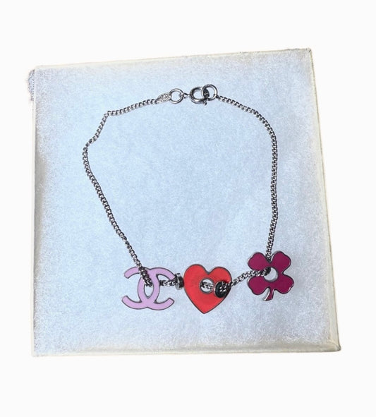 Chanel Vintage Charm Bracelet – Sterling Silver with Pink CC, Red Heart & Clover Charms