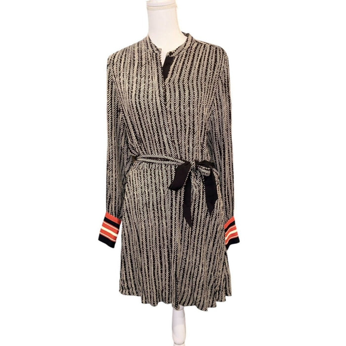 Reiss Long-Sleeve Belted Shirt Dress Black & Ivory Striped, US 8 NWT