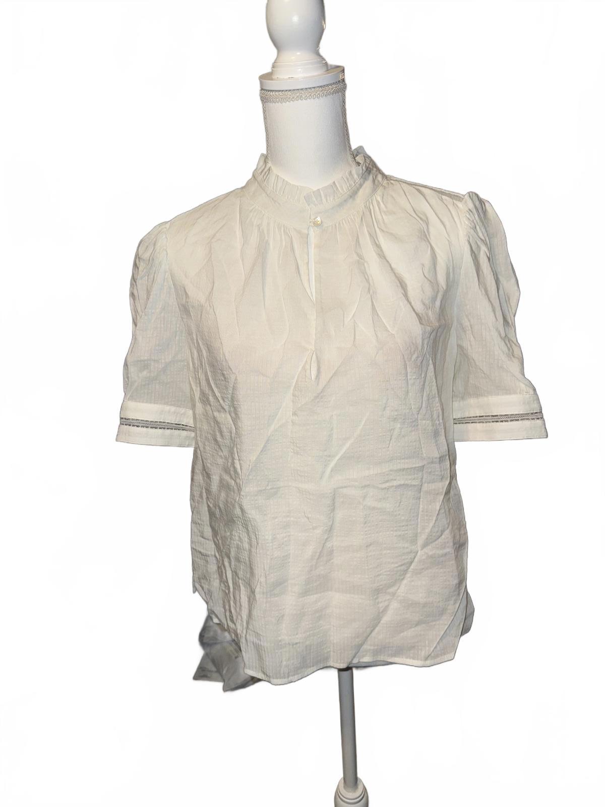 New FRAME White Short Sleeve Blouse with Ruffled Collar, Large