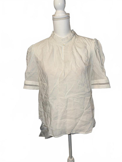 New FRAME White Short Sleeve Blouse with Ruffled Collar, Large