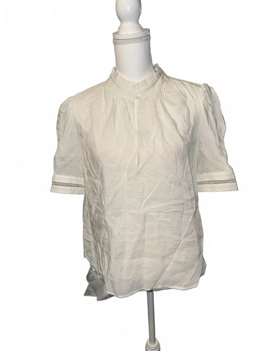 New FRAME White Short Sleeve Blouse with Ruffled Collar, Large
