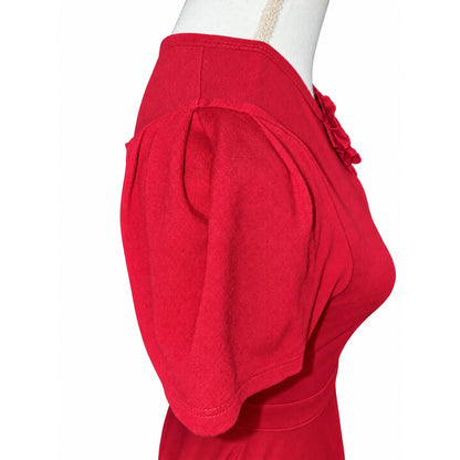 Close-up of the RED Valentino dress’s puff sleeve, shoulder gathers and tonal fabric texture.
