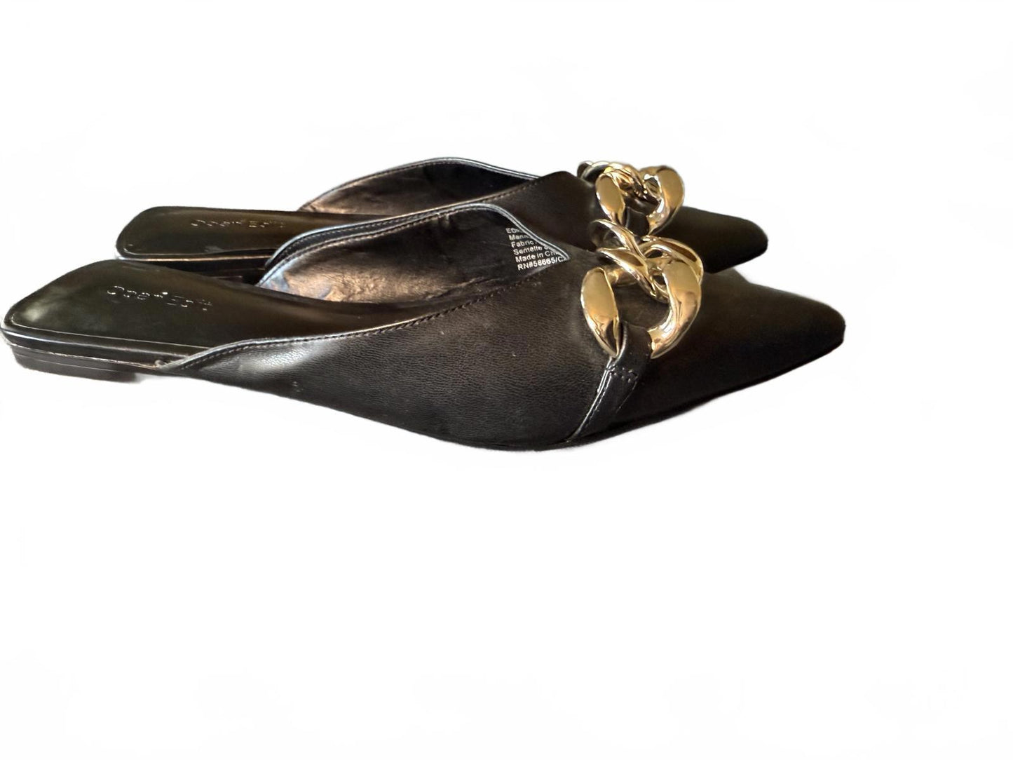 New Open Edit Black Pointed Toe Women's Mules with Chain Accent