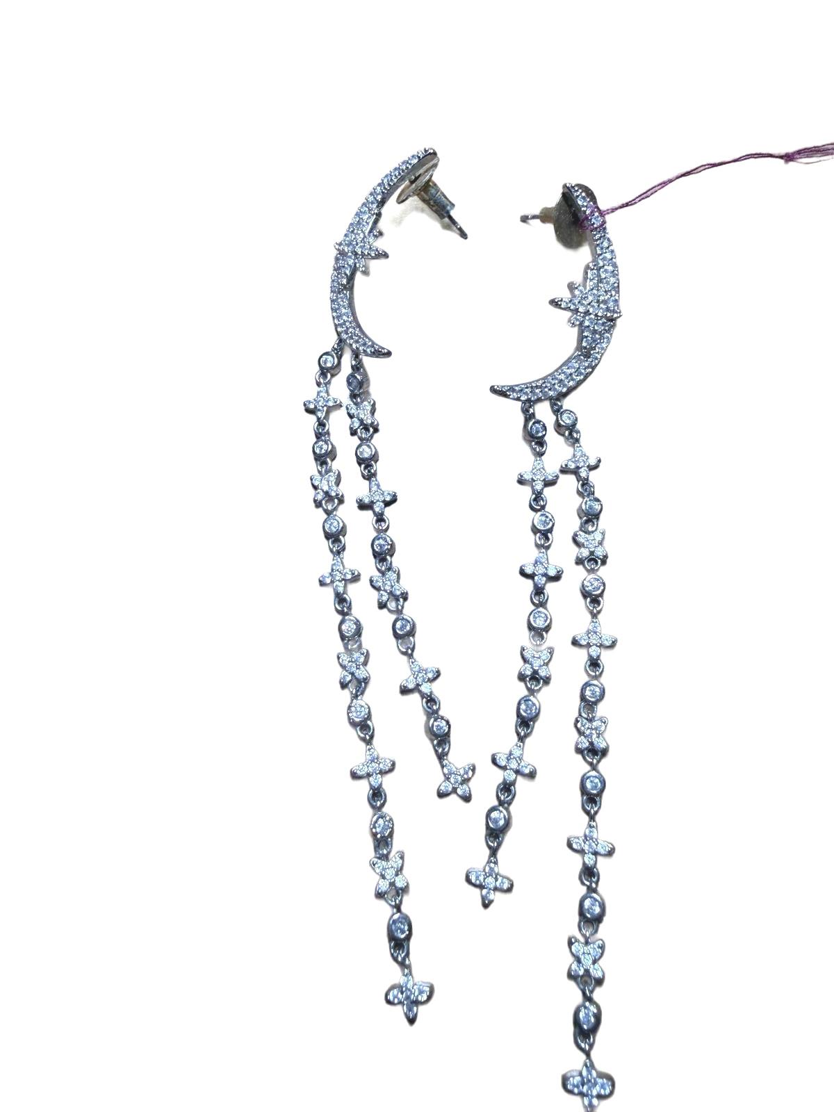Silver Tone Crescent Moon and Cross Dangle Earrings
