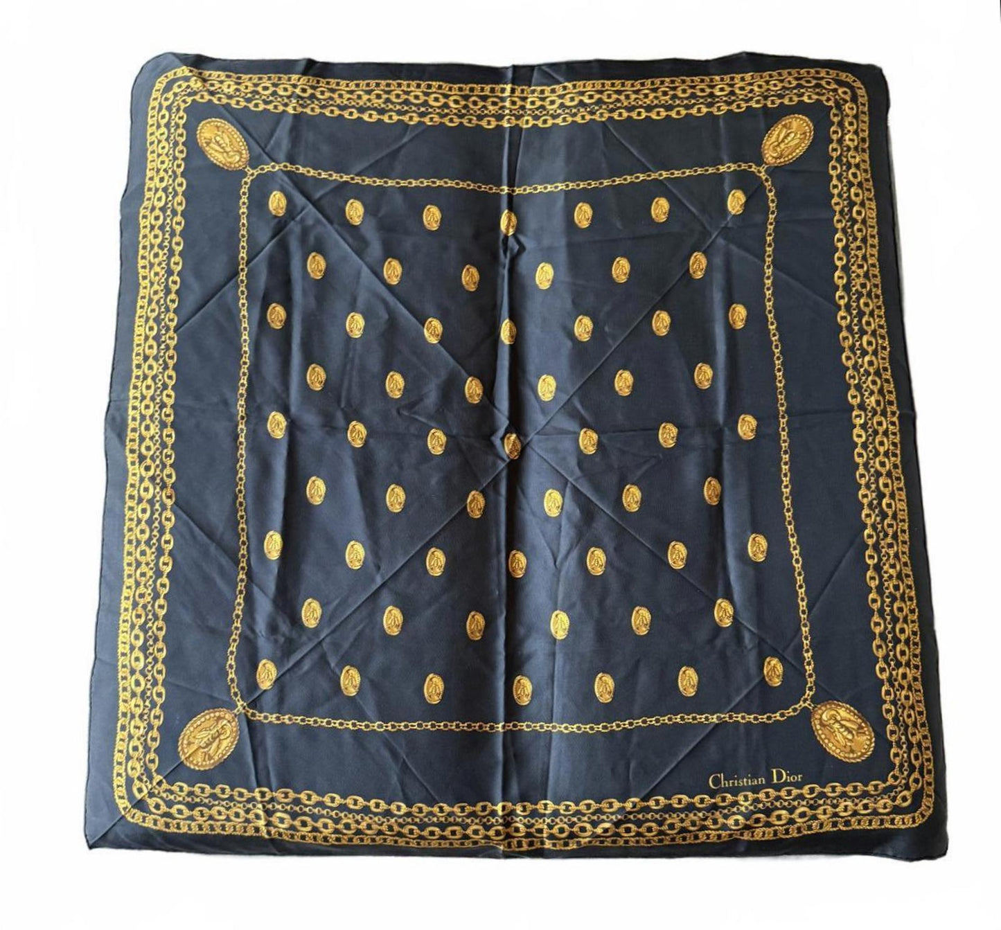 Christian Dior Black and Gold Chain Print Silk Scarf