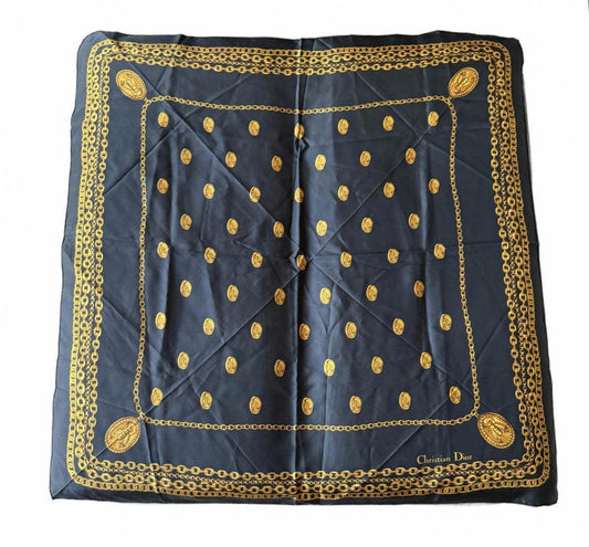Christian Dior Black and Gold Chain Print Silk Scarf