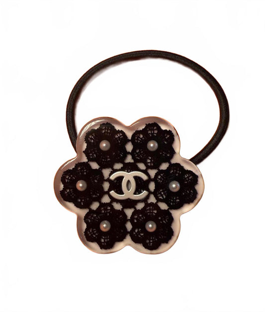 Chanel Flower Hair Tie with Black Lace and Pearls
