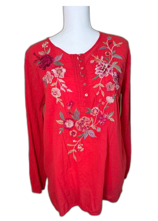 Johnny Was Sonya Floral Embroidered Popover Blouse, Size Large