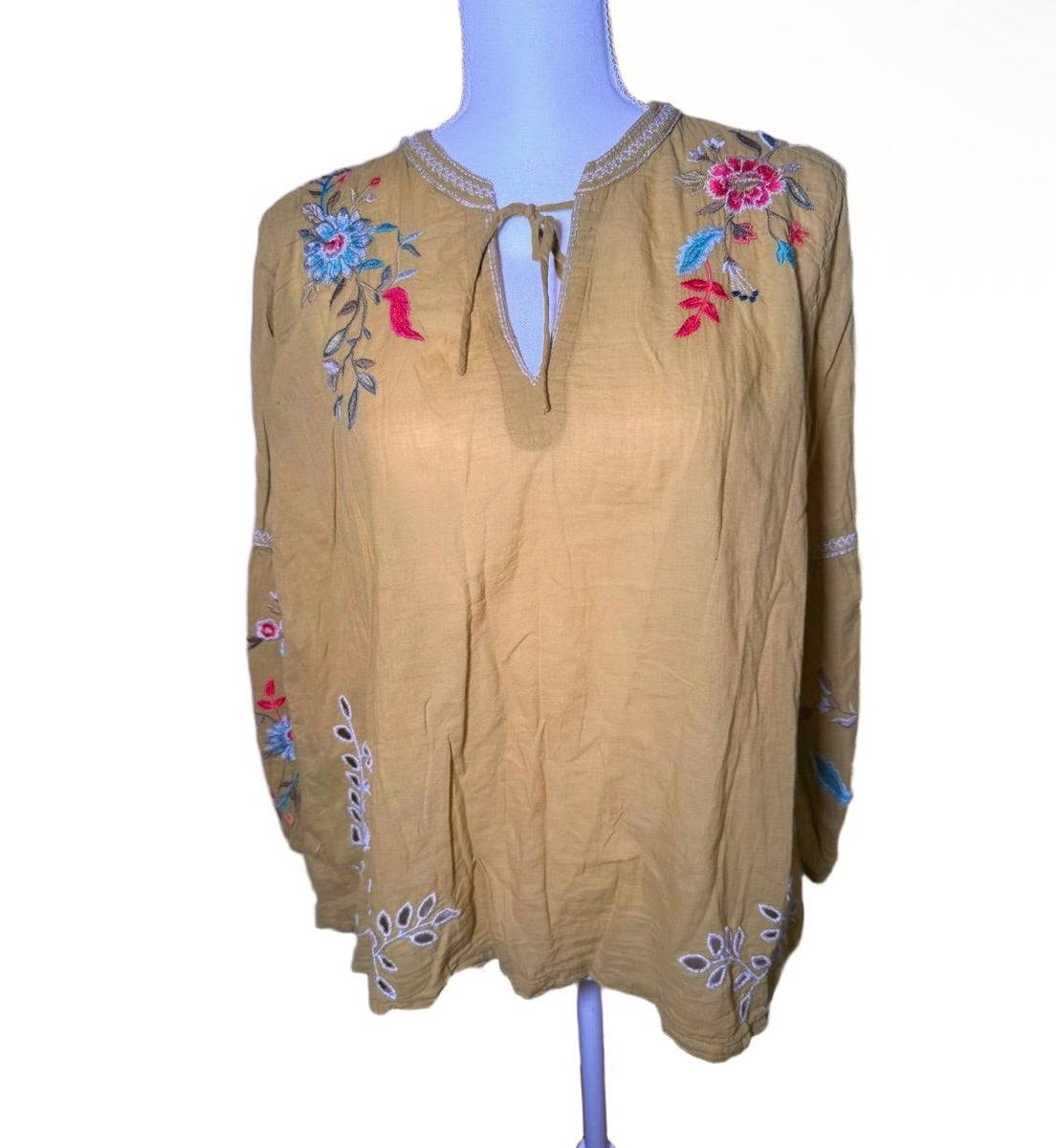 New Johnny Was Womens Peasant Blouse Size M Mustard Yellow Floral Embroidered