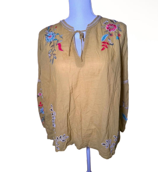 New Johnny Was Womens Peasant Blouse Size M Mustard Yellow Floral Embroidered