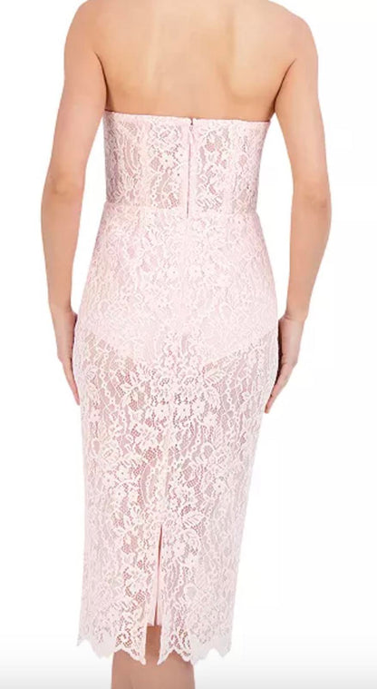New BCBG Women's Pink Lace Mesh Midi Dress with Built in Bodysuit, size 4