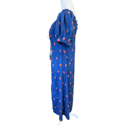 Farm Rio Strawberry Cross Stitch Midi Dress, Large NWT