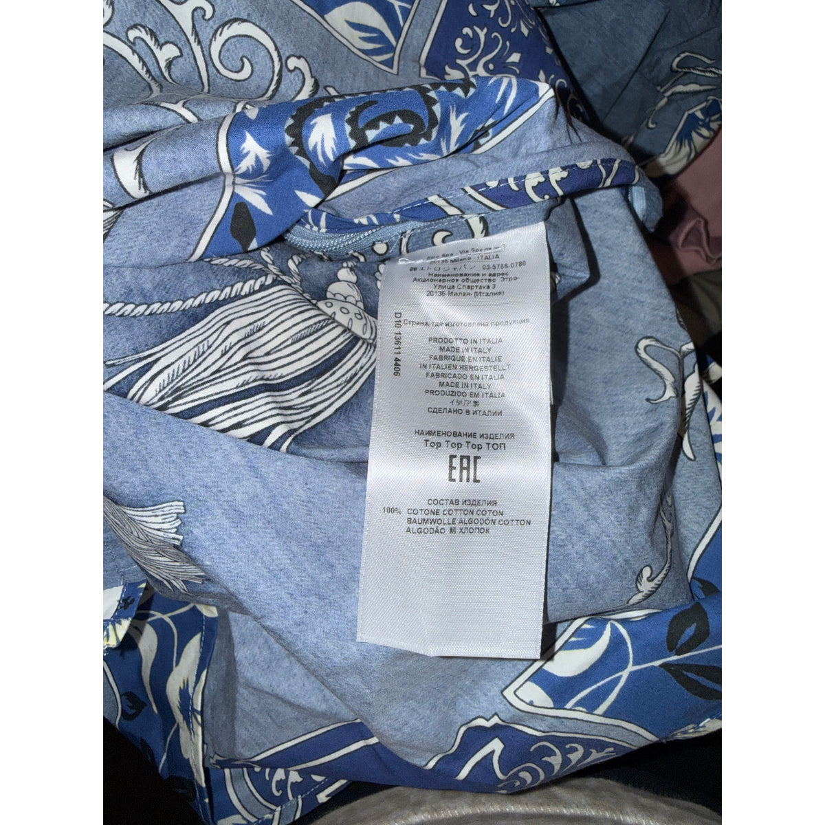 Etro Blue and White Paisley Cotton Tunic Top, Size 42/ US 6