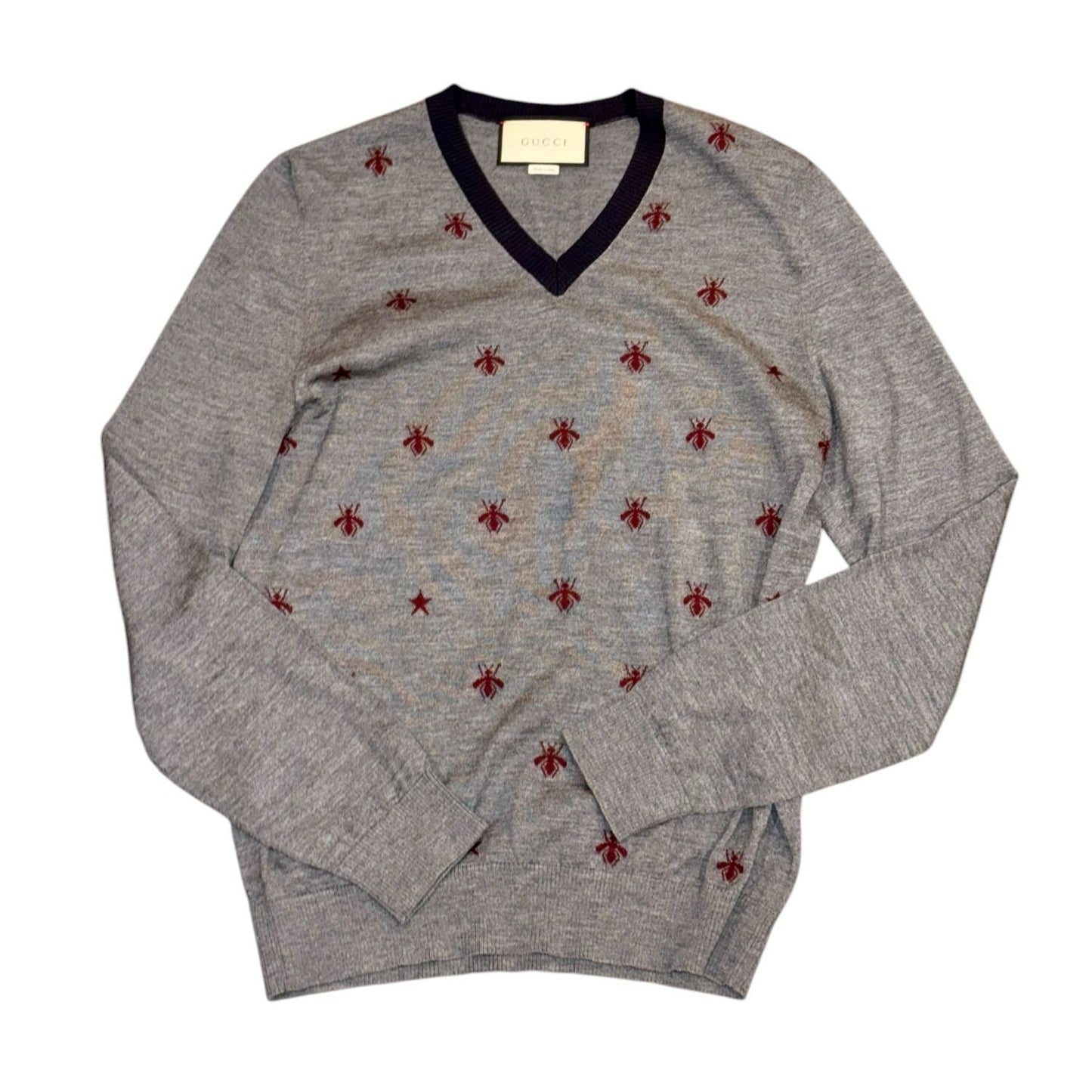 Gucci Gray Bee Embroidered V-Neck Wool Sweater, Small