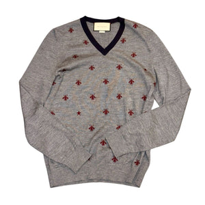 Gucci Gray Bee Embroidered V-Neck Wool Sweater, Small
