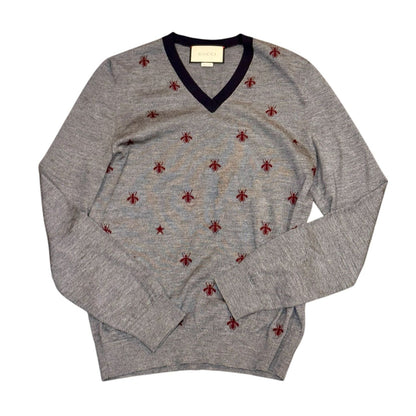 Gucci Gray Bee Embroidered V-Neck Wool Sweater, Small